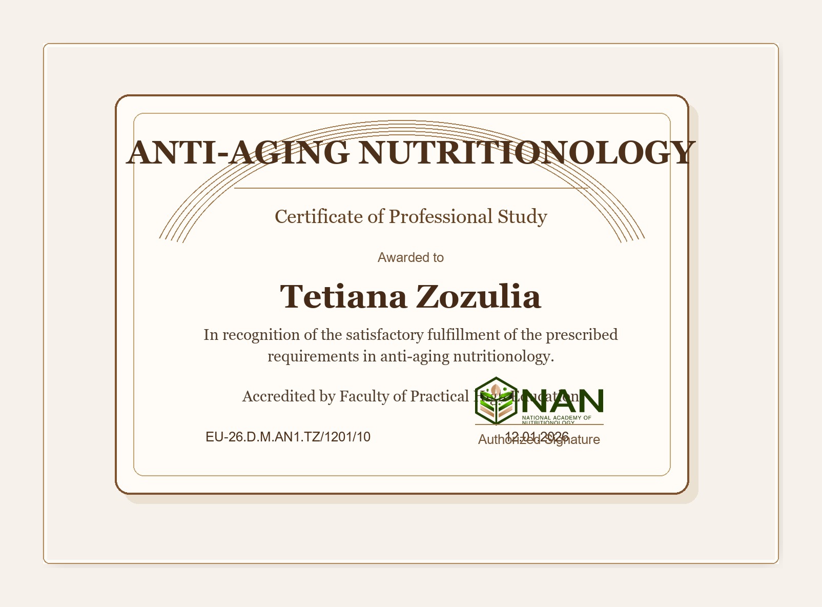 Anti-Aging Nutritionology Certificate
